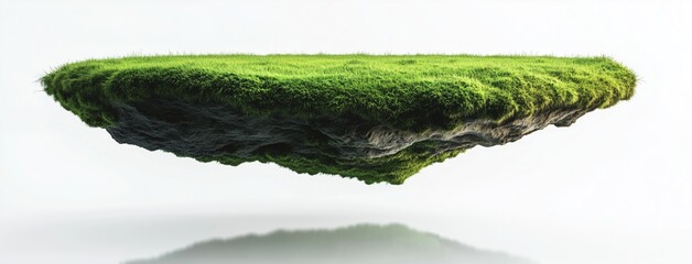 Surreal floating island of lush green grass on a pristine white background: idyllic concept for eco-friendly design