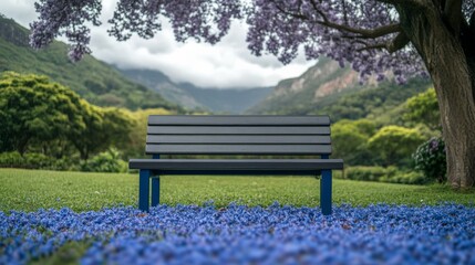 Serene park bench under blooming jacaranda tree, nature tranquility, spring renewal, peaceful outdoor retreat