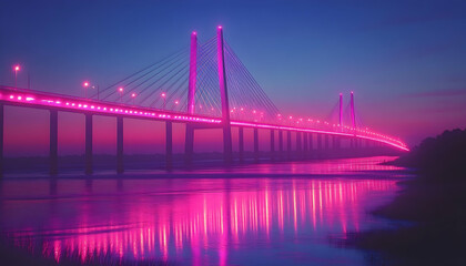 Naklejka premium Pink-lit cable-stayed bridge at dawn reflecting in calm water, misty atmosphere