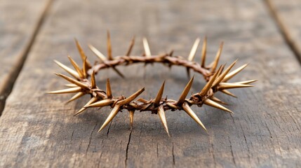 Crown of thorns on rustic wood, symbolizing sacrifice and Easter, Christian religious significance