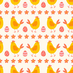 Seamless pattern with chicken, easter eggs and red flowers on a light background. Vector Easter background.