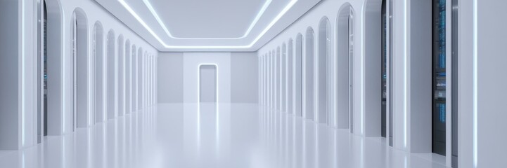 Fototapeta premium Ultra-modern white data center corridor with futuristic arches, technology and innovation concept