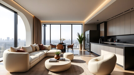 Fototapeta premium A modern living room with kitchen pantry and stylish sofa.