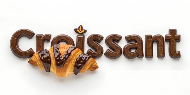 
font lettering CROISSANT with texture of croissant with chocolate glaze, isolated on white background