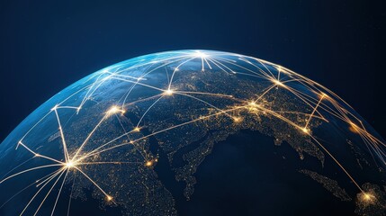 Naklejka premium Rotating globe showcasing bright lines depicting global connections and data flow across continents and cities at nighttime. Frequent Flyer Day