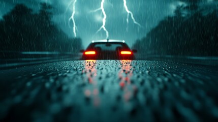 Dark road and distant car in heavy rainstorm, lightning storm travel, dramatic weather concept