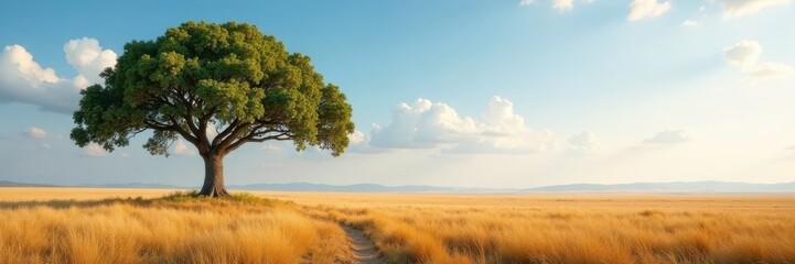 Fototapeta premium A majestic tree standing alone in a vast, empty landscape, imposing, nature