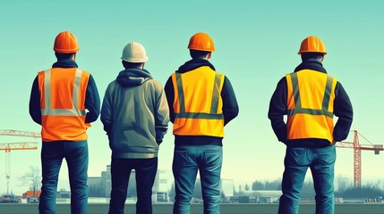 Flat illustration: four construction workers in hi-vis gear with backs to camera on a construction site background