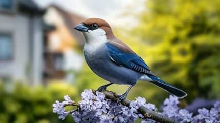 Obraz premium Charming bird perched on vibrant lilac branch, spring wildlife photography, nature beauty, tranquility scene