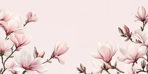 Fototapeta premium Magnolia border on pale pink background with minimalist s