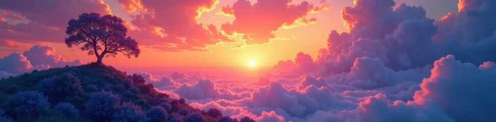 Whispers of a serene dawn in a world of swirling colors, peaceful, fog