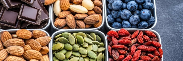 Assorted healthy snacks with almonds, blueberries, and chocolate, ideal for vegan diet, nutritious lifestyle