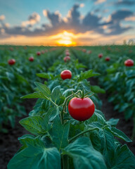 Ripe red tomatoes growing in a field at sunset