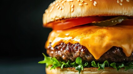 Juicy cheeseburger topped with lettuce, tomato, and pickles, served on a sesame seed bun with melted cheese at a diner. National Hamburger Month