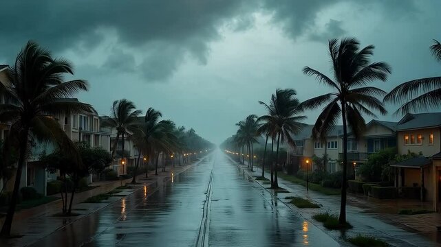 Calle residencial con lluvia y palmeras en una noche tormentosa