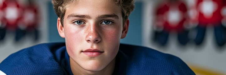 Young Caucasian male hockey player in blue jersey, focused expression, winter sports, competitive spirit