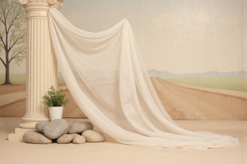 Classical Pillar with Drapery and Desert Scene