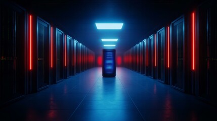Futuristic server room with glowing LED lights, symbolizing advanced technology and digital innovation