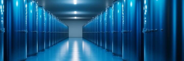 Futuristic data center corridor with sleek blue servers, technology innovation, digital storage solutions