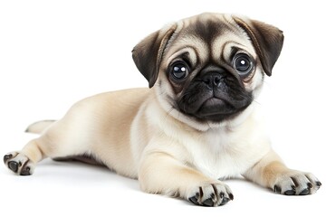 Obraz premium An adorable pug puppy, eyes wide with curiosity, lies peacefully on a bright white background, showcasing its soft, fawn fur.