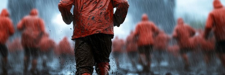 Joggers in red raincoats run in heavy rain, outdoor fitness challenge, perseverance, and teamwork