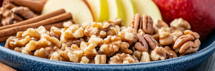 Cracked walnuts with apple slices and cinnamon, autumn harvest celebration, Thanksgiving dessert, cozy fall