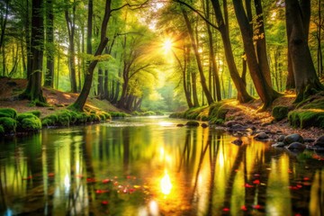 Sunlit stream, bokeh-dappled, reflects a magical forest.