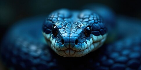 Obraz premium Blue viper snake's facial expression, highlighting its striking pattern and agile features , viper, close-up