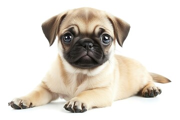 Obraz premium An adorable pug puppy, a symbol of pure, unconditional love, lies peacefully on a bright white background, capturing its sweet innocence and charming features.