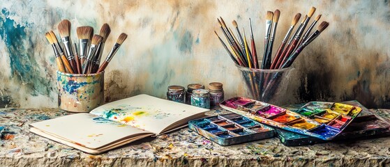 Art supplies arranged on a creative workspace.