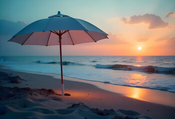 Umbrella or Parasol on the Beach at Sunset with Ocean and Clouds Summer Serenity