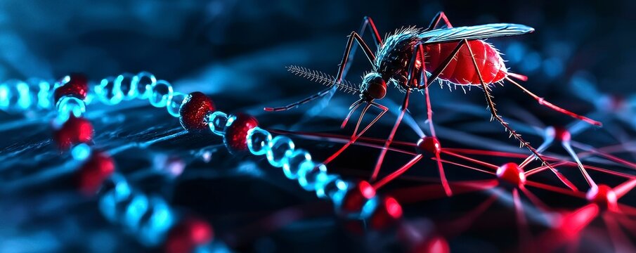 Mosquito and DNA Strand Illustration Linking Disease Transmission and Genetic Processes in Detail