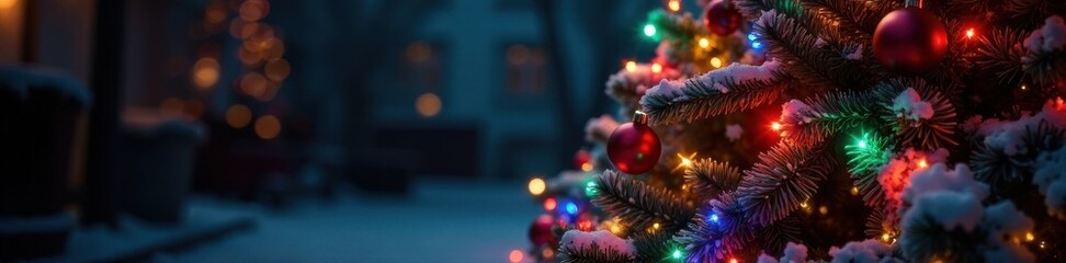 Obraz premium Christmas tree lit up by colorful string lights, surrounded by ornaments and garlands, decoration, sparkle