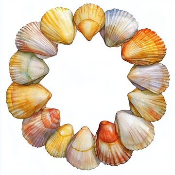 Colorful Seashell Wreath Watercolor Painting on White Background