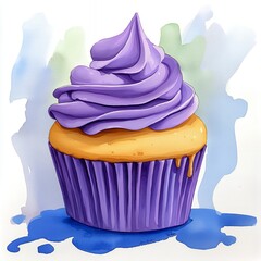 Watercolor Purple Cupcake with Caramel Drip