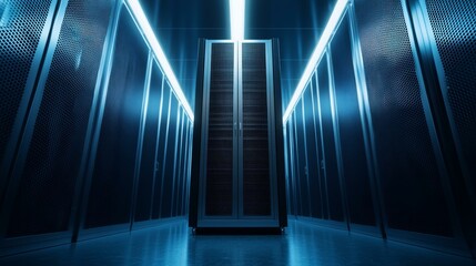 Shiny futuristic data center server room, blue cyber technology background, cloud computing, digital security