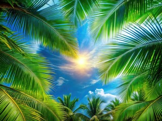Fototapeta premium Tropical paradise: sun-drenched palm leaves, vibrant background, ample copy space.