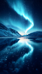 Serene night scene with vibrant aurora borealis reflected in a still, frozen lake
