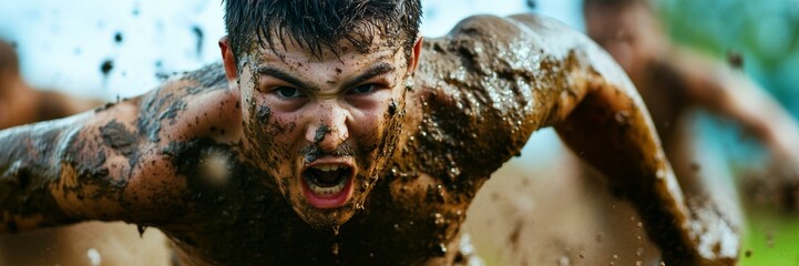 Intense male athlete covered in mud during obstacle race, fitness challenge, endurance sports competition