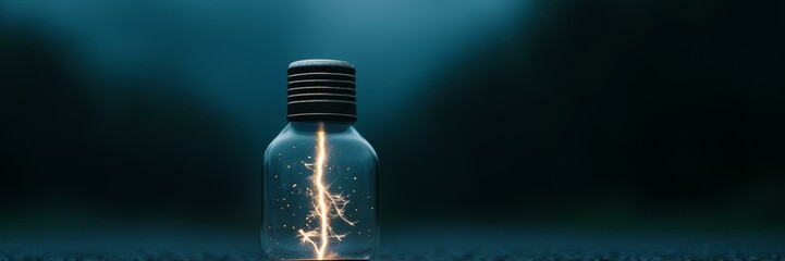 Lightning bolt captured inside a glass bottle; innovation, energy, and scientific experimentation concept