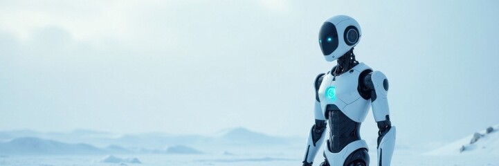 Cybernetic robot standing alone on a snowy white surface with a glowing blue circuit board in its chest, metallic surface, robotic body