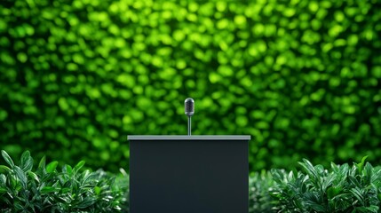 Microphone on podium against lush green wall, conference environmental speech, eco-friendly presentation setup