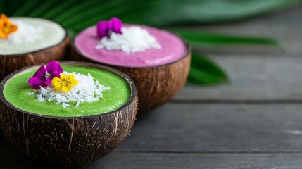 Vibrant tropical smoothies in coconut bowls, healthy plant-based dessert, vegan diet concept, exotic flavors