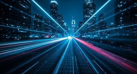 Futuristic cityscape with light trails at night.