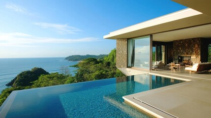 Fototapeta premium Serene Luxury Villa Retreat with Infinity Pool Overlooking Tropical Coastline