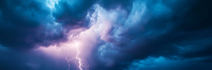 Dramatic lightning bolt illuminating dark storm clouds, nature power, atmospheric weather phenomena, electricity concept