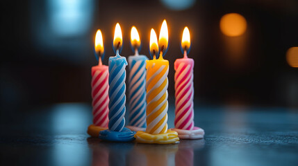 Six lit birthday candles in pink, blue, and yellow on a dark surface