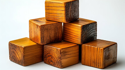 Six rustic wooden cubes stacked in a pyramid on a white background