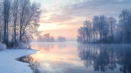 Fototapeta premium The serene lake reflects the light at sunrise, while the sturdy trees bear witness to the symphony of icy winter nature in the morning