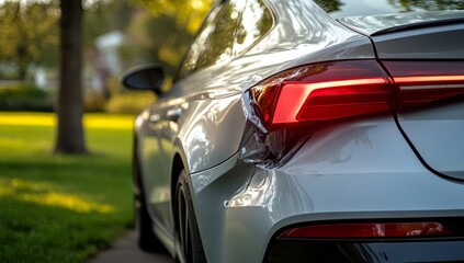 Silver modern car with dents from collision parked near green grass and concrete pavement